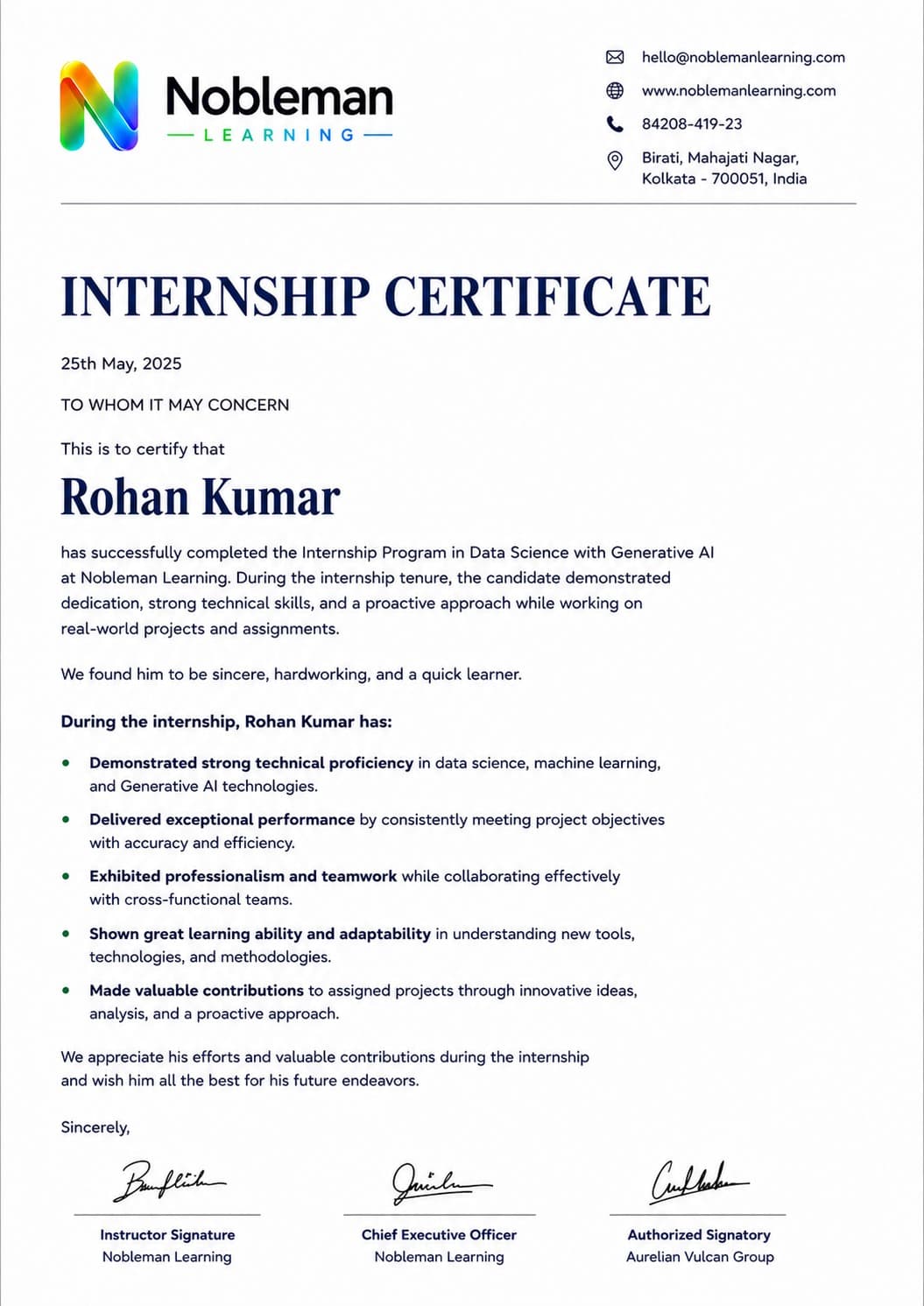 Internship certificate